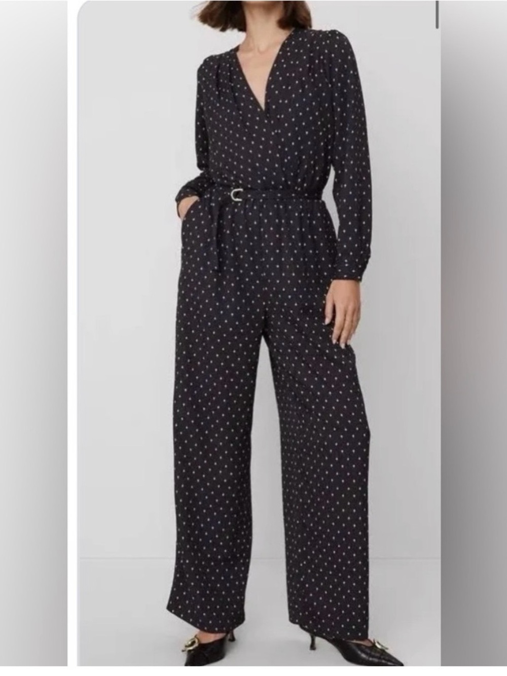 Black Polka Patterned Wrap-Front Long Dress
